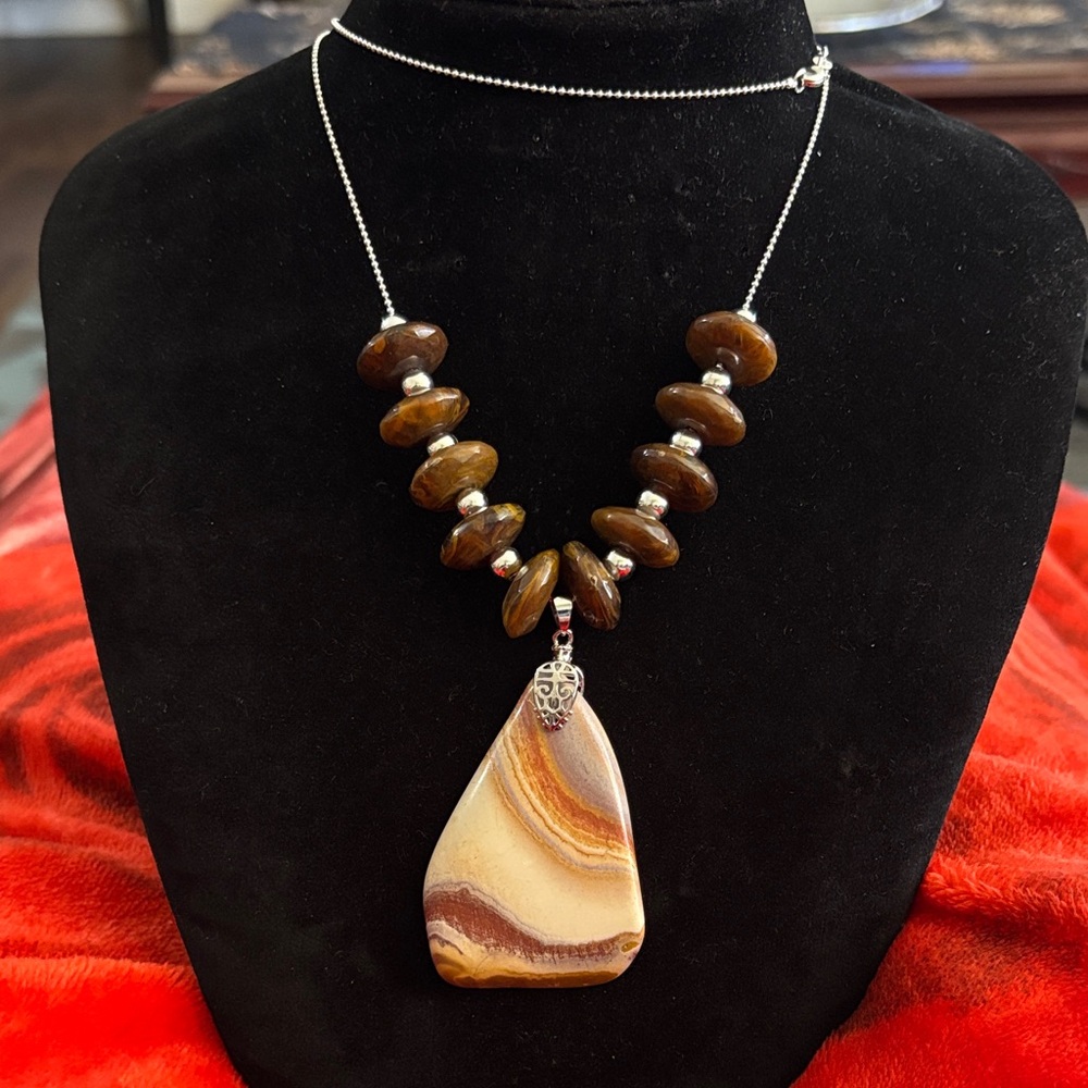 Handmade Necklace with Banded Jasper Pendant and Beaded Accents
